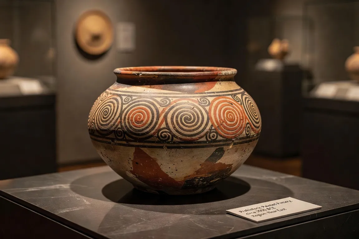 Close-up of authentic Cucuteni-Trypillia painted pottery with spiral motifs and a female ceramic figurine on a black museum background