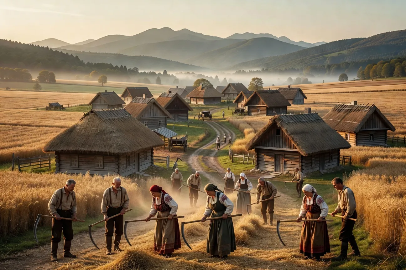 Galician village in Western Ukraine circa 1890, traditional wooden houses with thatched roofs, peasants in fields, Carpathian mountains in distance