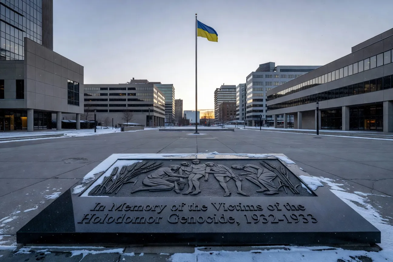 Holodomor genocide memorial in Edmonton city hall plaza, dawn winter light, snow on the ground, Ukrainian flag visible in distance