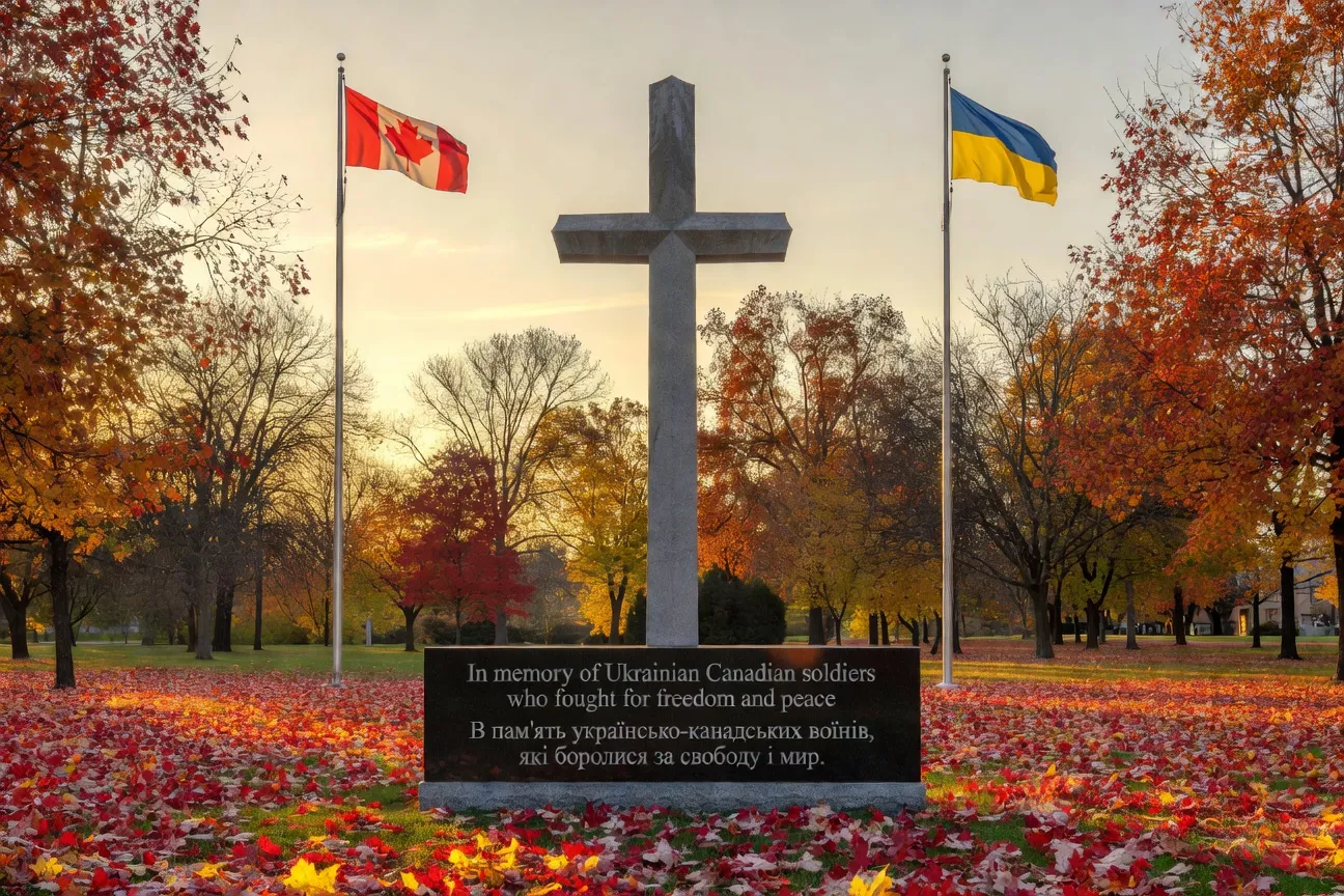 Ukrainian Canadian war memorial cross with bilingual English-Ukrainian inscription, autumn light, maple trees, Canadian and Ukrainian flags