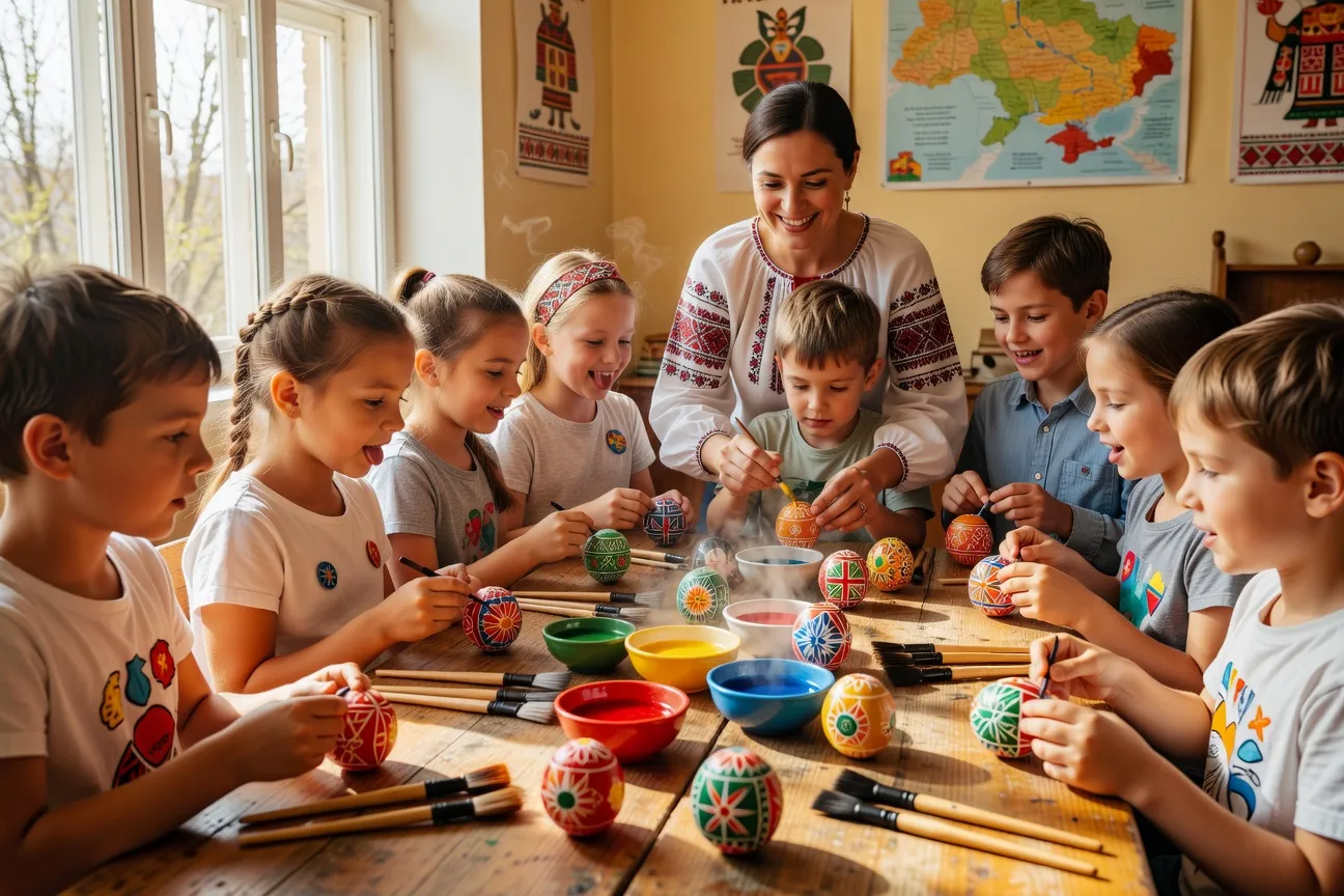 Children at a Ukrainian Saturday school decorating pysanky Easter eggs at a long wooden table
