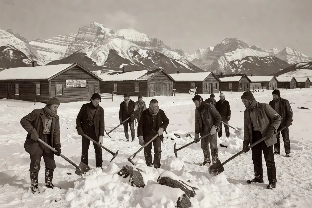 Authentic 1916 Canadian internment camp at Castle Mountain Alberta, wooden barracks, Ukrainian internees doing forced labour with shovels, mountain landscape