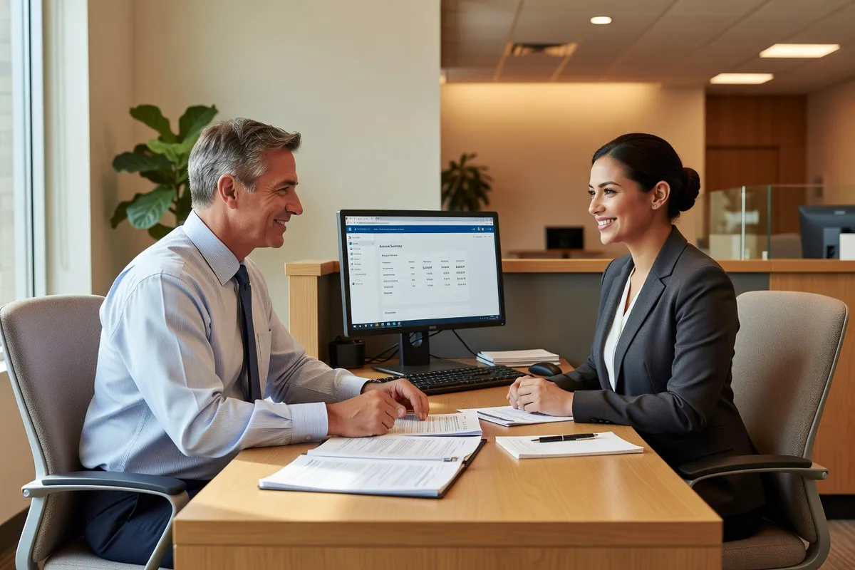 Credit union member consulting with a financial services representative at a branch desk