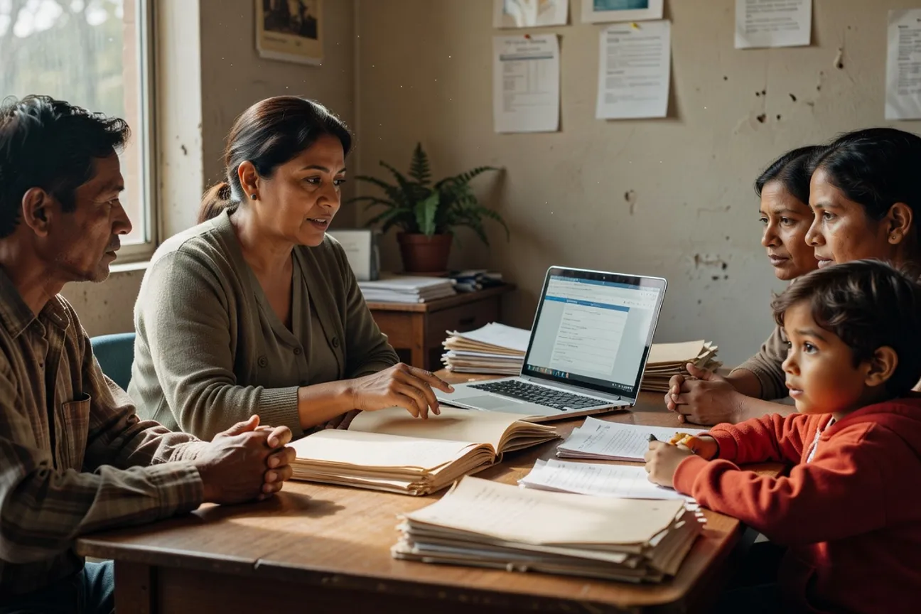 Community housing rights advisor consulting with a newcomer family about a lease dispute