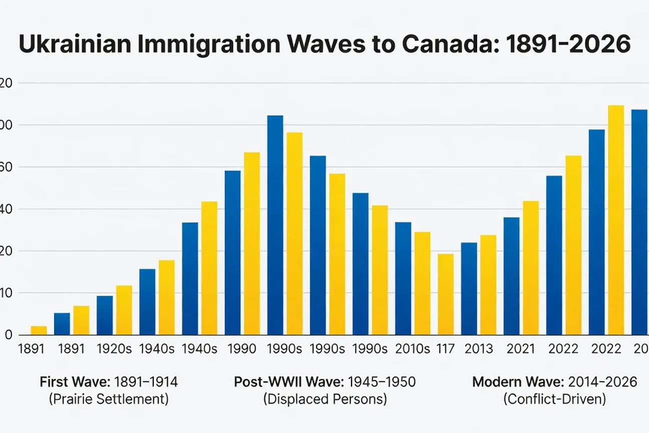 Data visualization showing Ukrainian immigration waves to Canada 1891-2026
