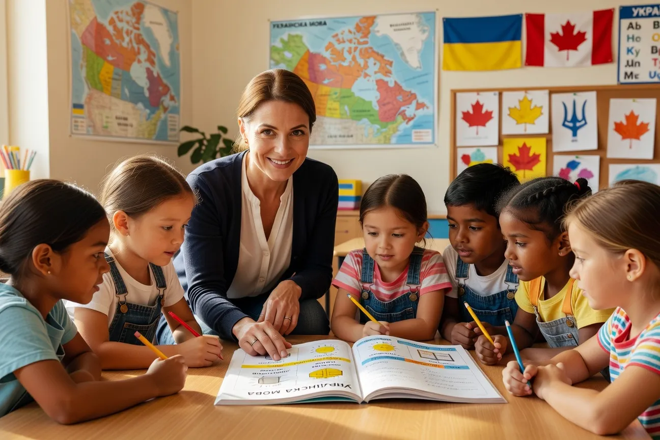 Ukrainian newcomer family enrolling children in a Canadian bilingual school