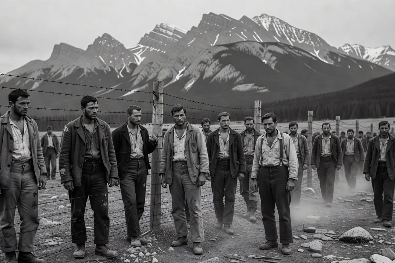Historical illustration of Ukrainian internment camp in Canada 1914-1920