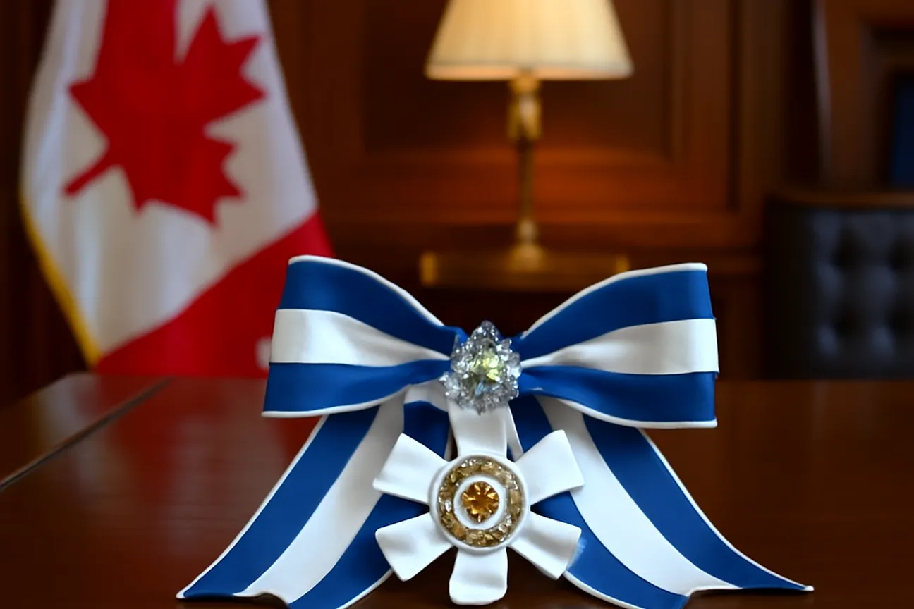 Ceremonial ribbon in blue and yellow representing Ukrainian-Canadian government recognition and Rideau Hall