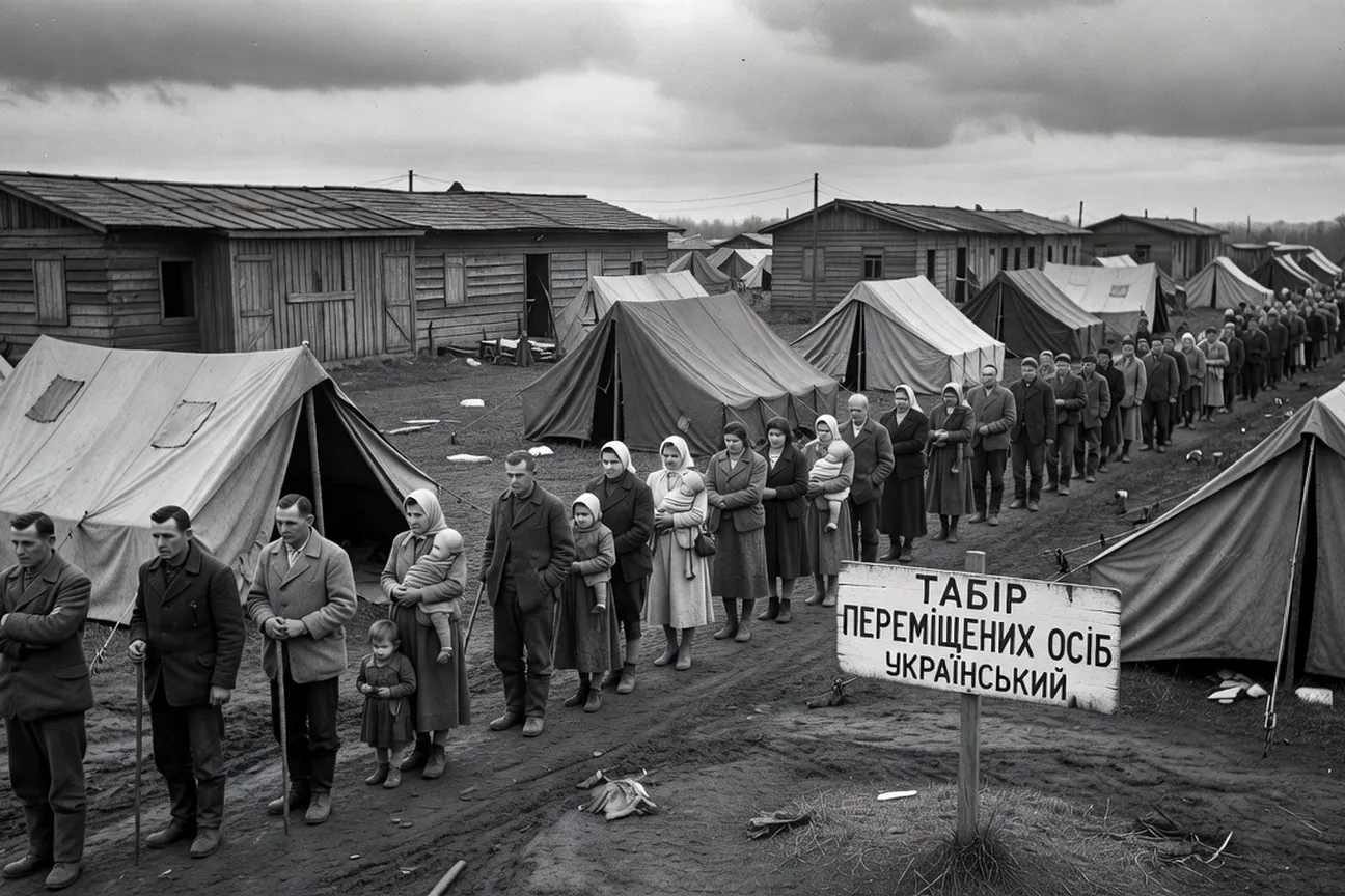 Ukrainian displaced persons labour camp workers in northern Ontario bush camp late 1940s