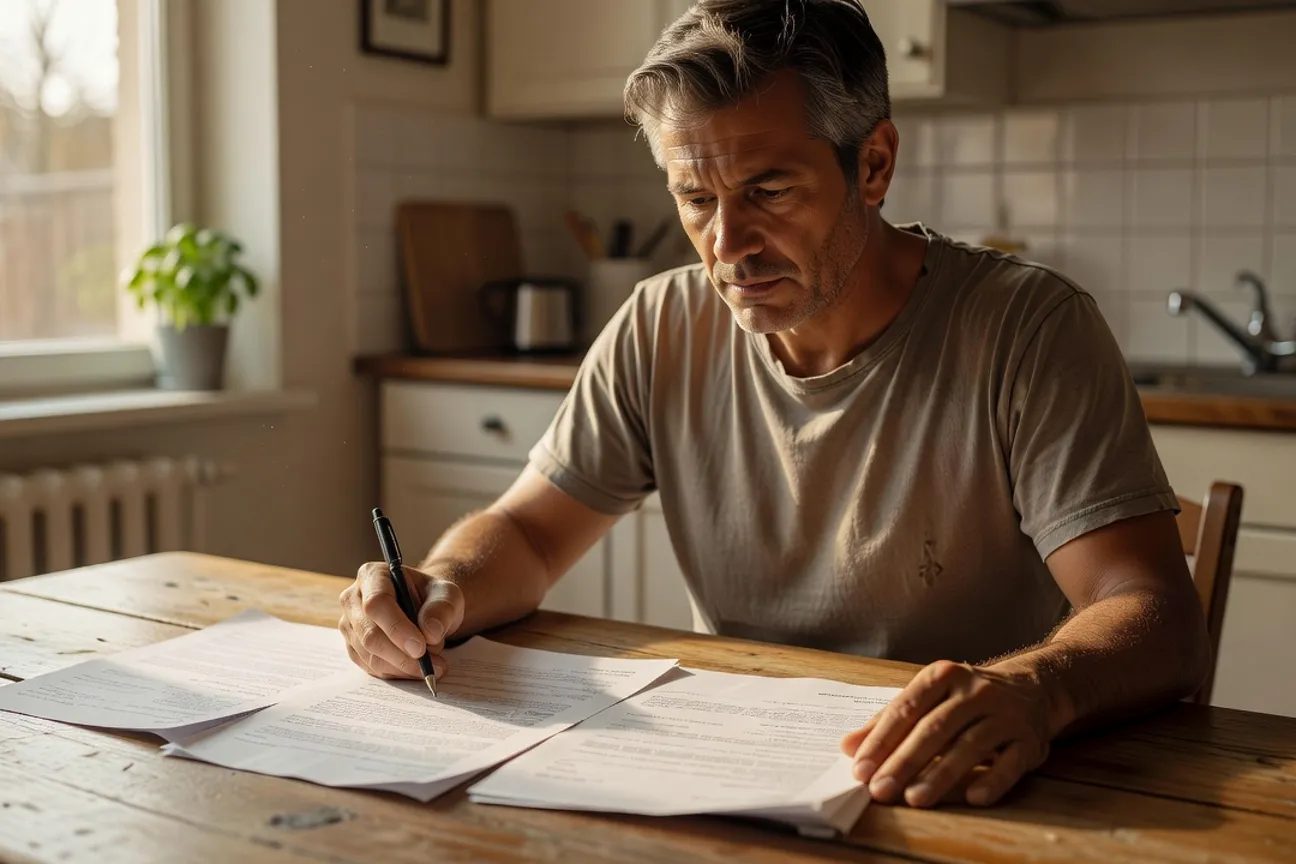 Tenant reviewing a residential lease document with a pen at a kitchen table