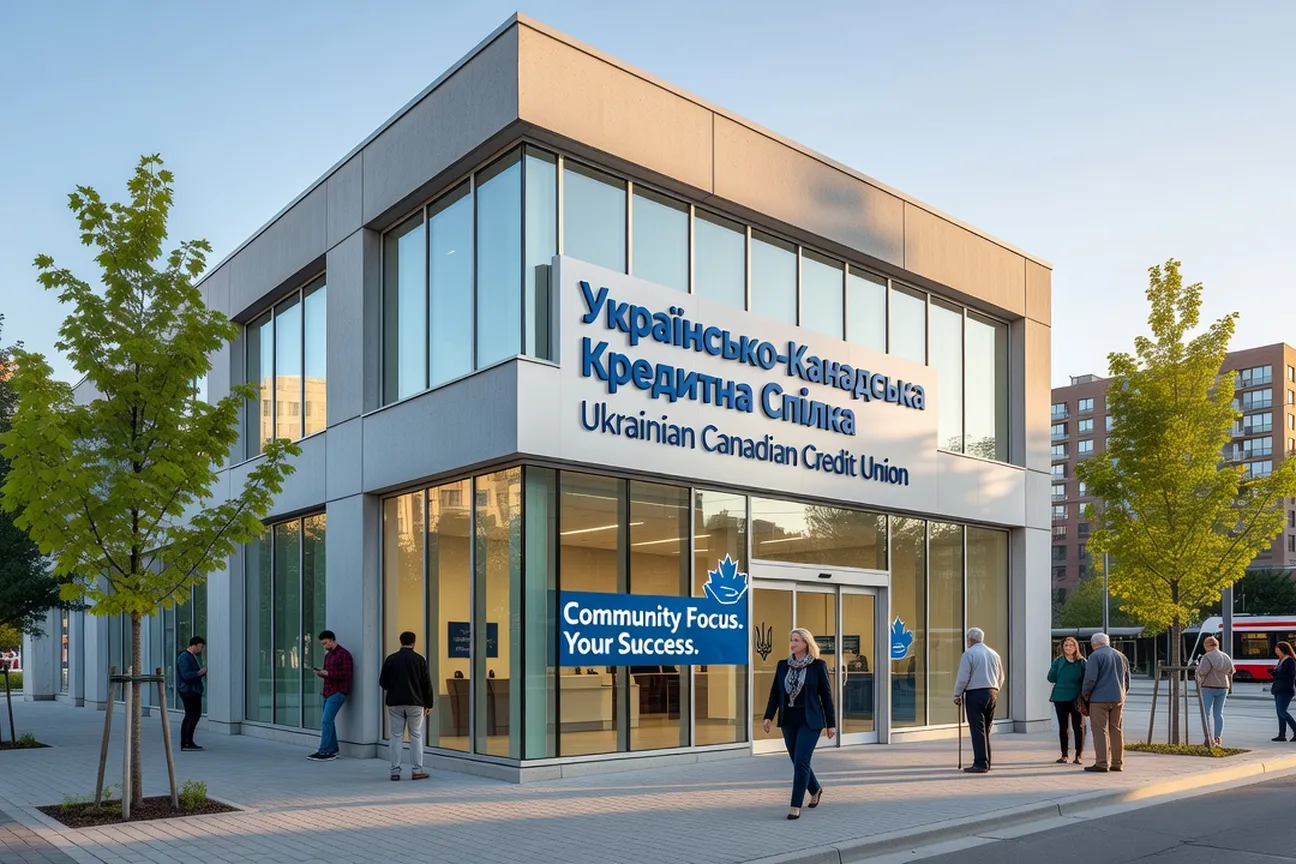 Ukrainian Canadian Credit Union branch exterior, modern professional banking