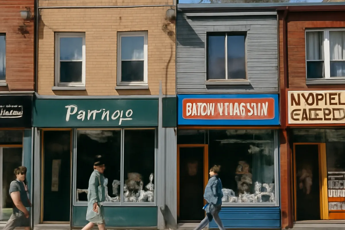 Row of Ukrainian-owned storefronts and delicatessens on a Toronto commercial street