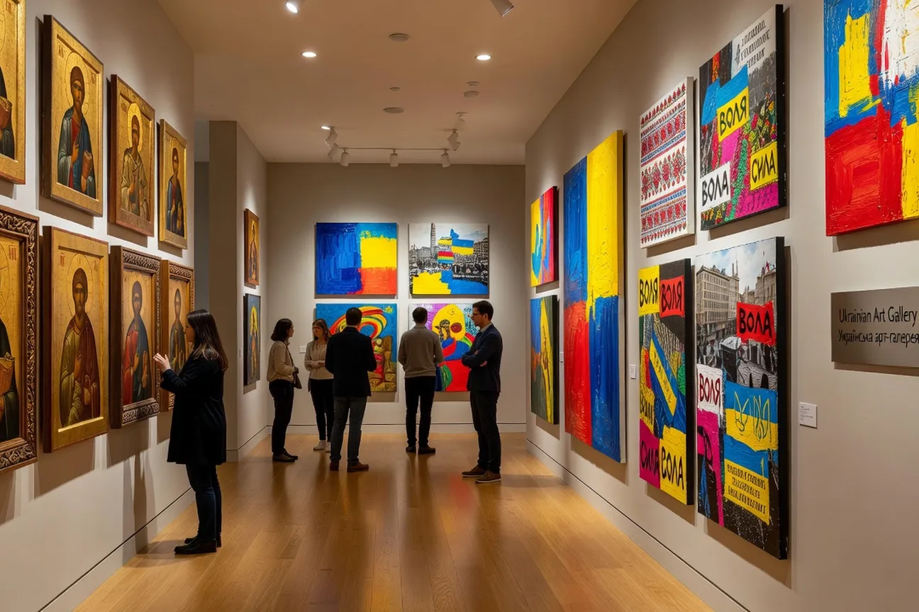 Ukrainian art gallery interior in Toronto with traditional icons and contemporary Ukrainian art