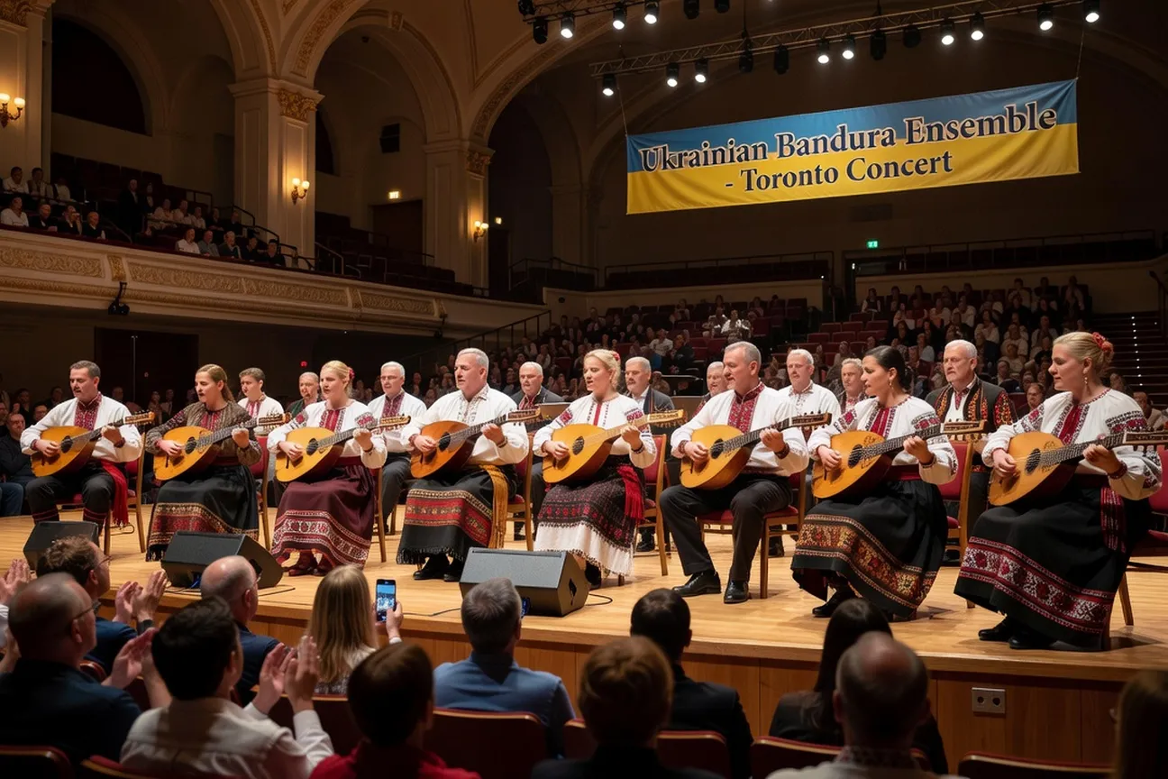 Ukrainian bandura ensemble performing on Toronto stage in embroidered costumes