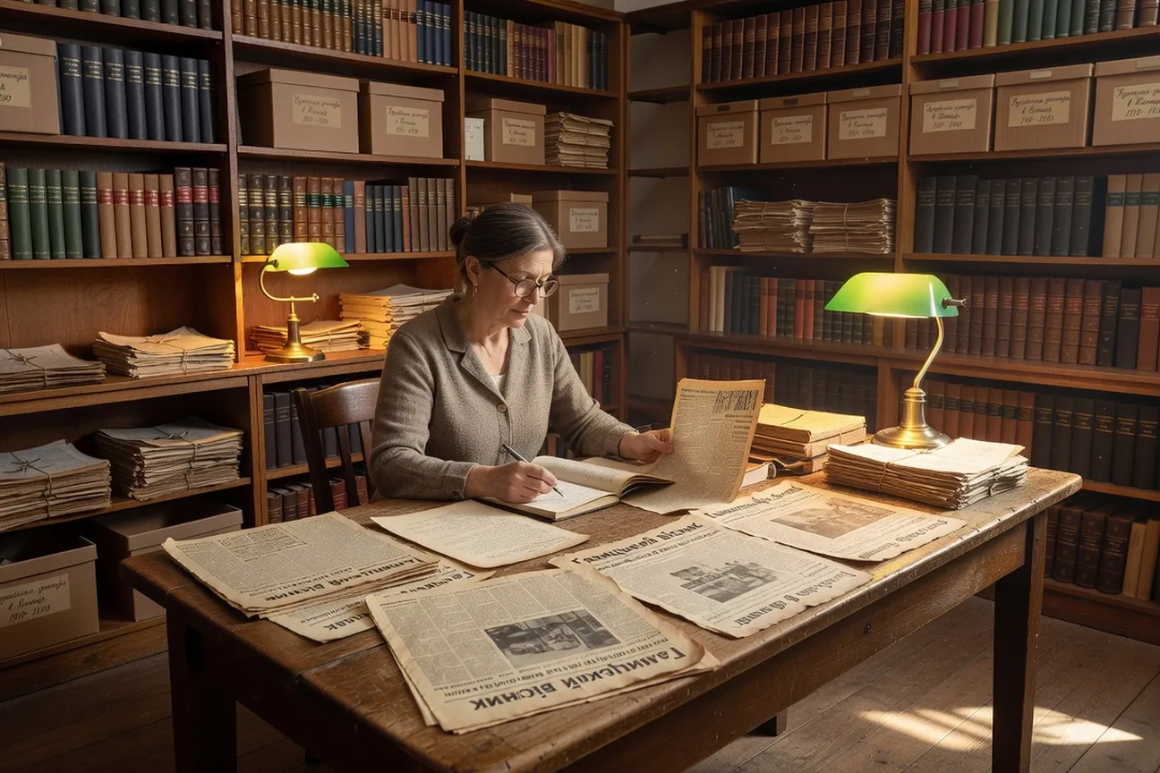 Ukrainian-Canadian historical archive room with researcher examining old Ukrainian-language newspapers