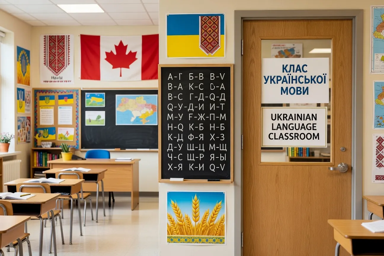 Ukrainian language classroom sign with Cyrillic alphabet, Canadian school setting