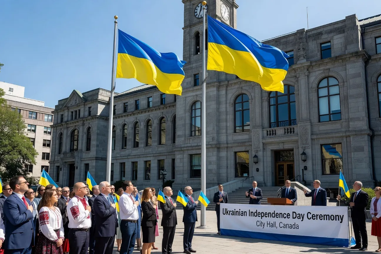 Blue and yellow Ukrainian flags raised at a Canadian city hall ceremony for Independence Day