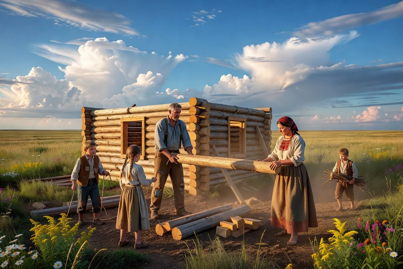 Ukrainian pioneer family building log house on Manitoba prairie