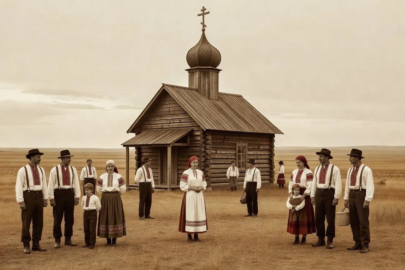 Ukrainian immigrant community outside small Ukrainian Orthodox church on Canadian prairie 1910s