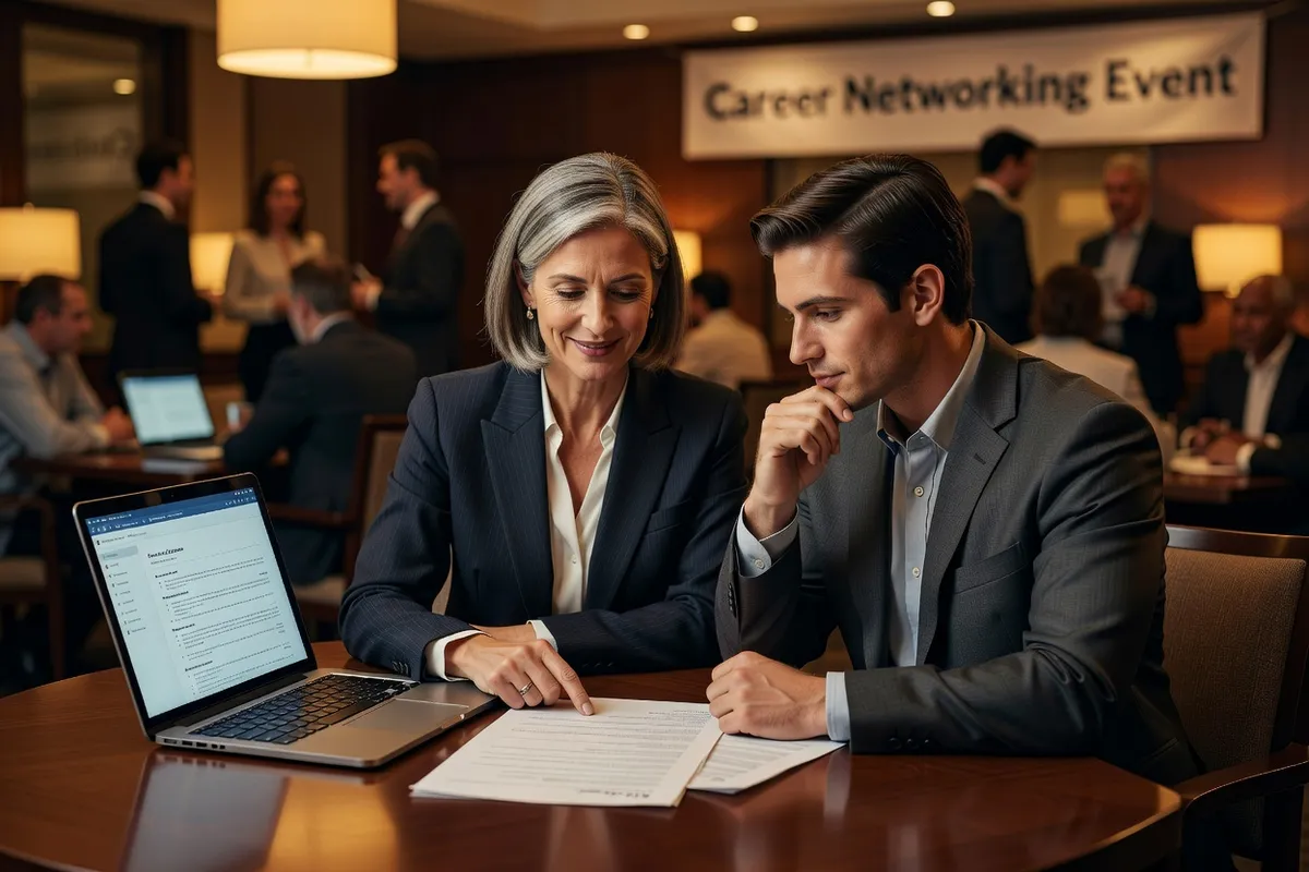 Mentor and mentee reviewing a resume together at a career networking table