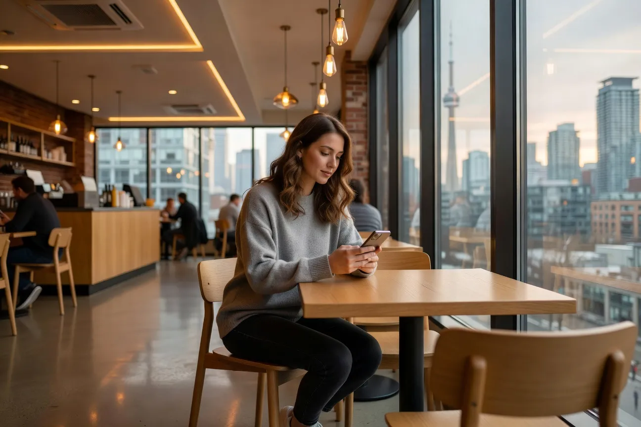 Woman browsing a dating app in a Toronto café