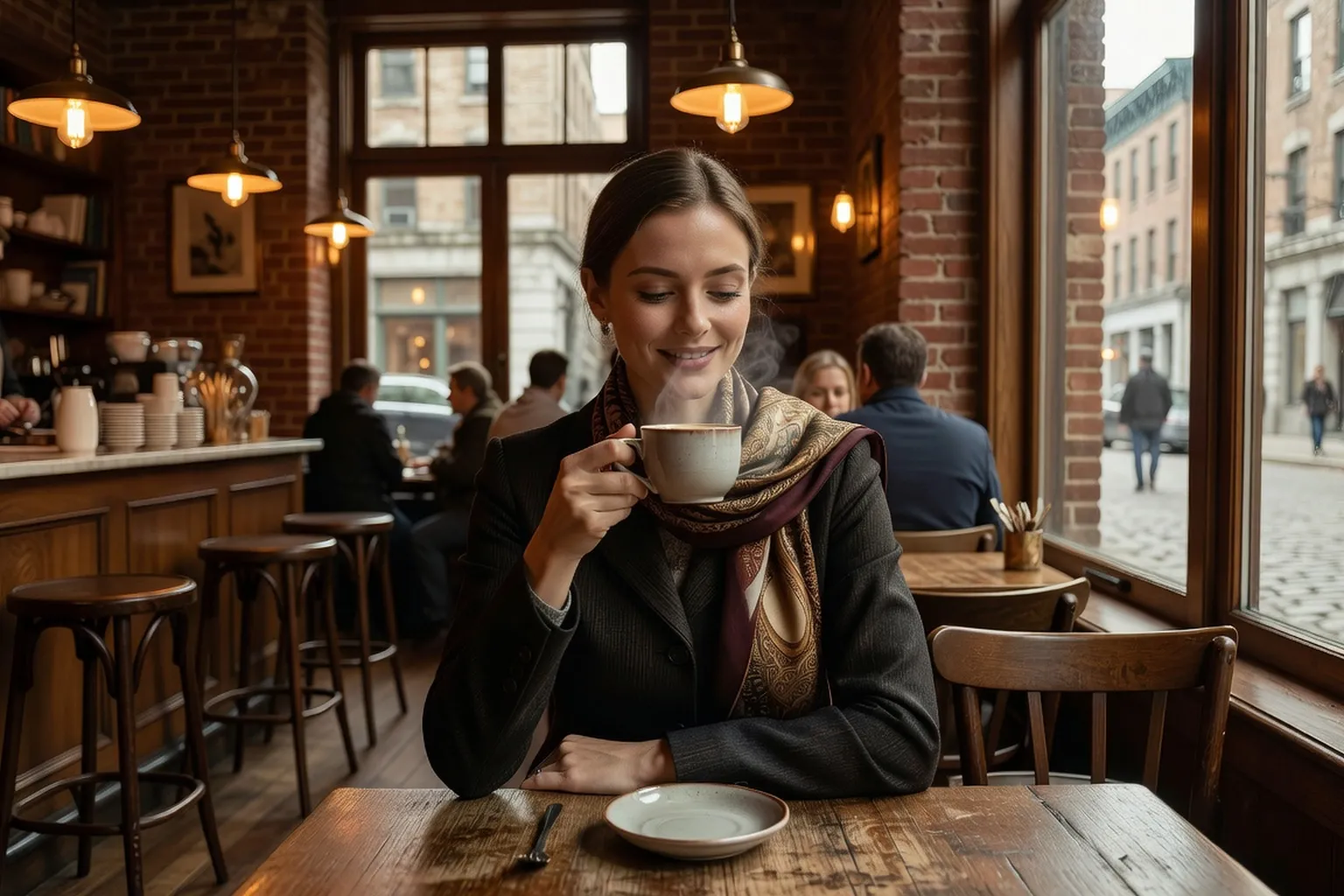 Ukrainian professional woman at a Montreal cafe