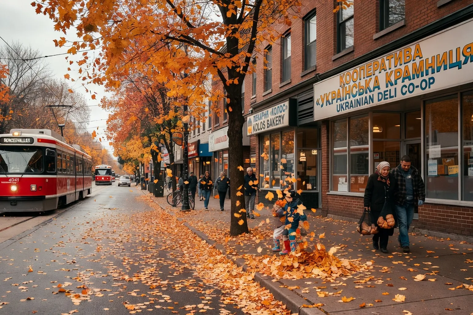 Roncesvalles Avenue Toronto streetcar and Ukrainian storefronts