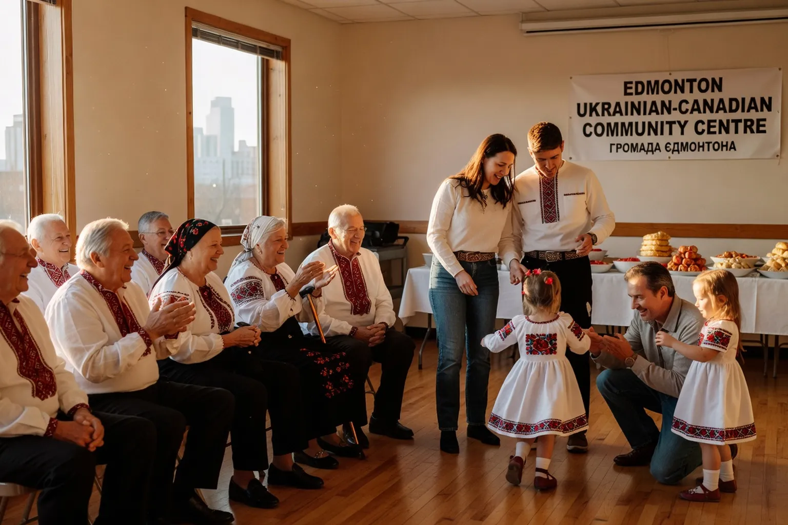 Ukrainian-Canadian family and seniors gathering at a community centre in Alberta