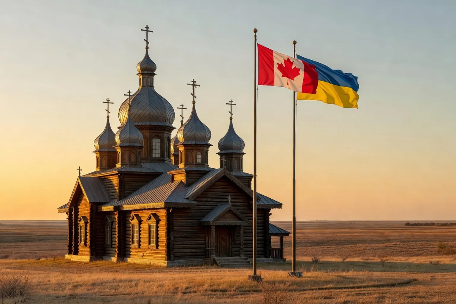 Ukrainian Orthodox prairie church with onion domes against a Manitoba landscape