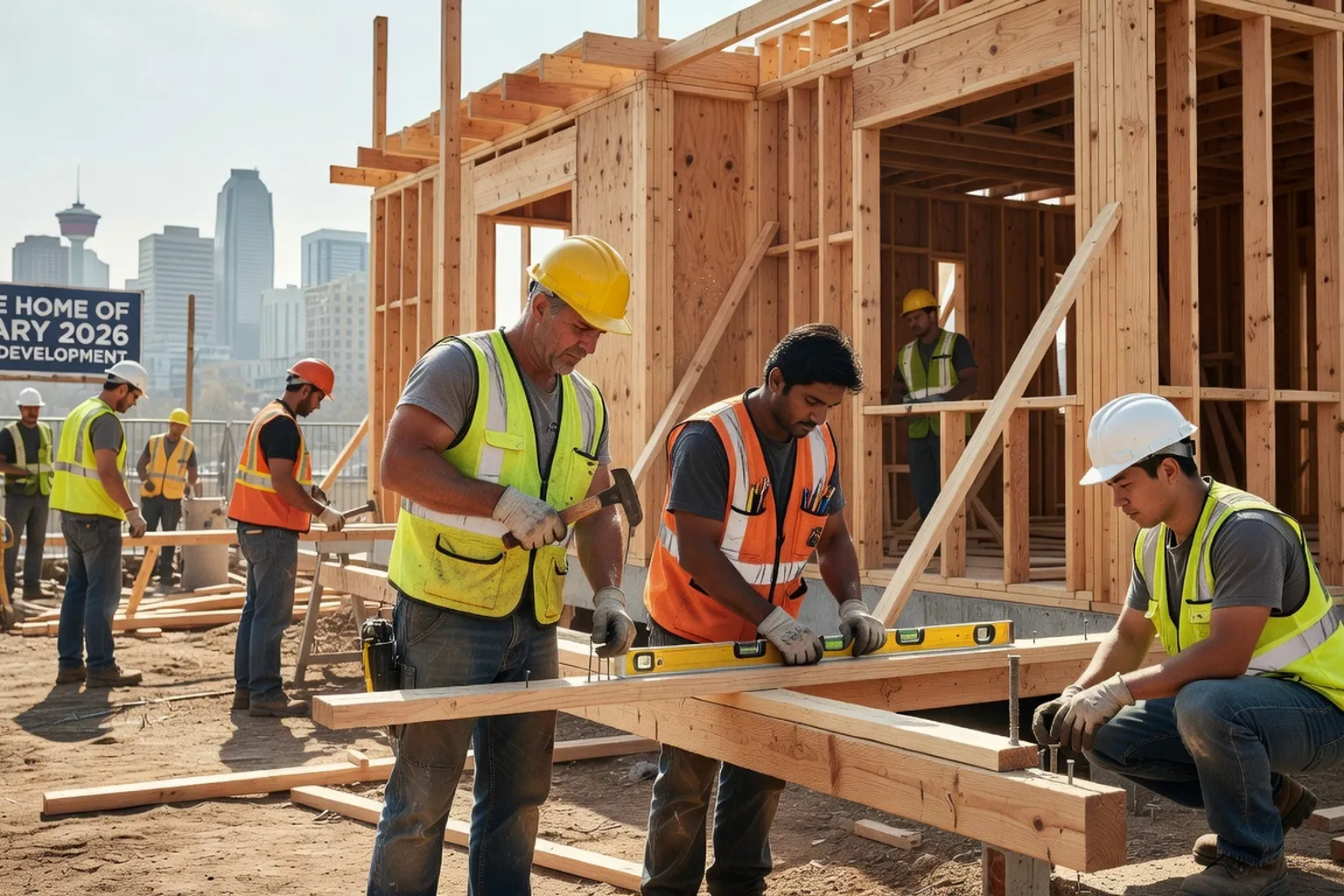 Diverse Canadian healthcare workers and tradespeople on a downtown Toronto street representing newcomer contributions to the workforce