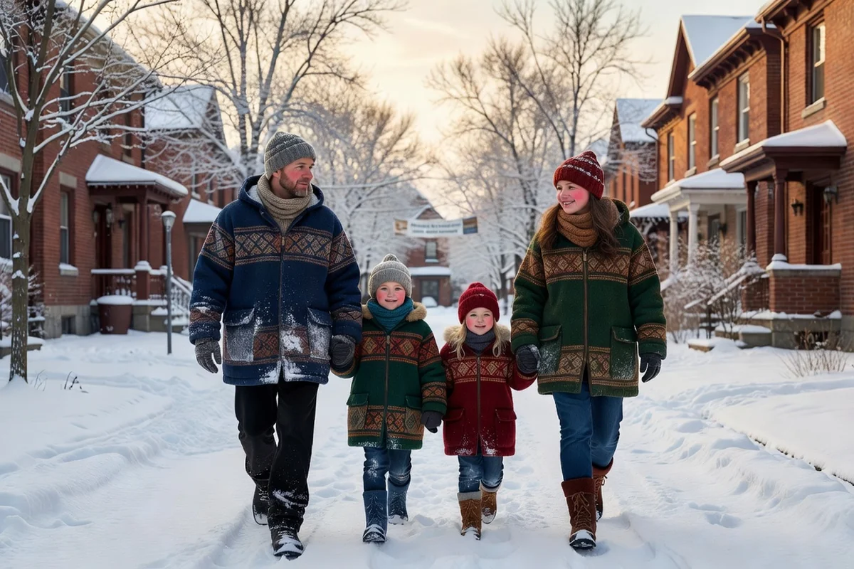 Ukrainian newcomer family in winter coats and knitted hats walking along a snowy residential street in Toronto.