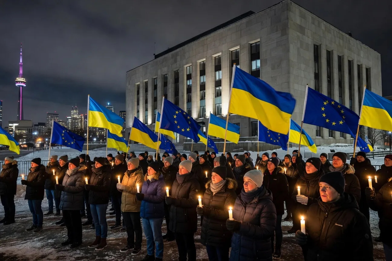 Ukrainian Canadian diaspora rally supporting Euromaidan protests outside Toronto Ukrainian consulate winter 2013