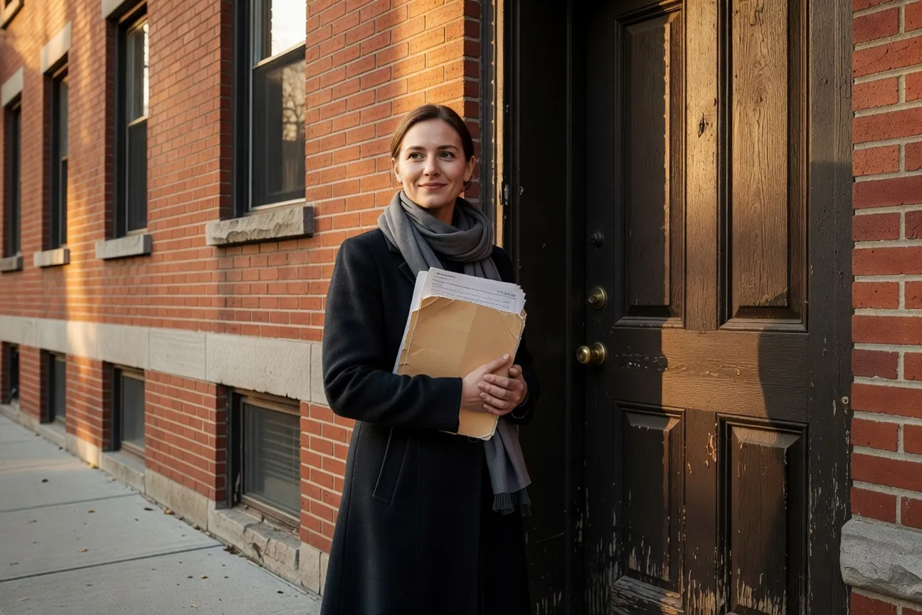 Ukrainian newcomer mother holding lease documents outside a Montreal apartment building