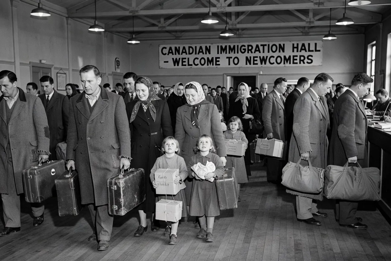 Ukrainian Displaced Persons boarding ship for Canada from postwar European DP camp