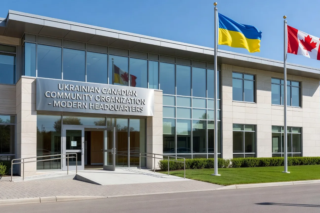 Professional exterior of a Ukrainian-Canadian community organization building with Ukrainian and Canadian flags