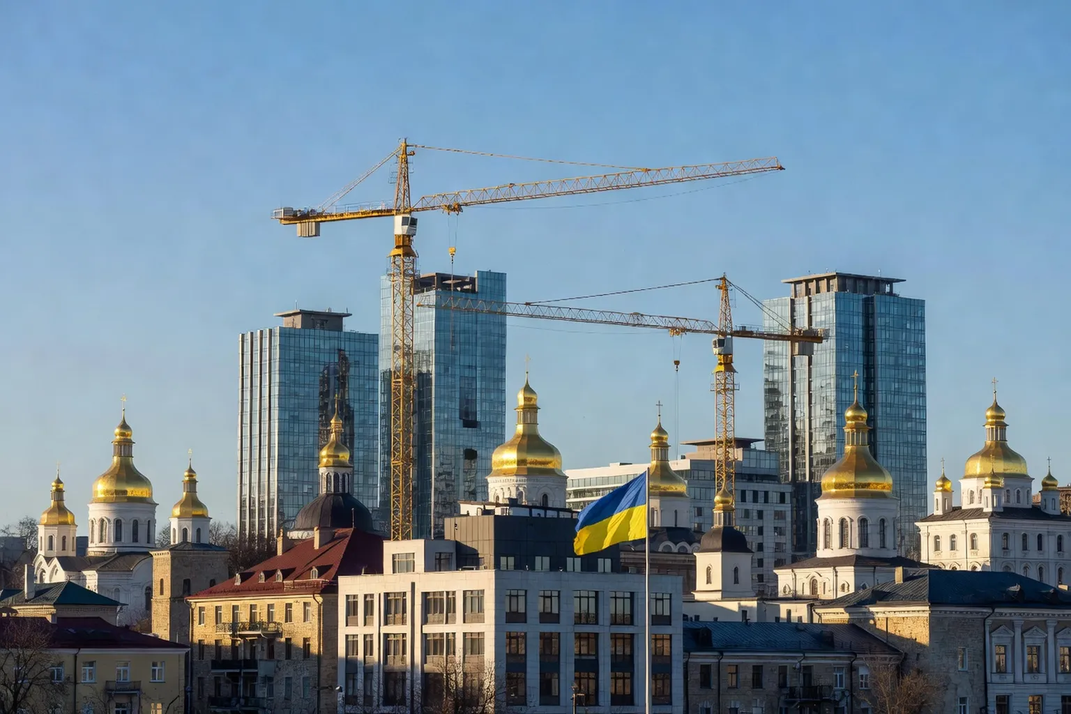 Ukrainian skyline with cranes and reconstruction sites under a calm sky in 2026