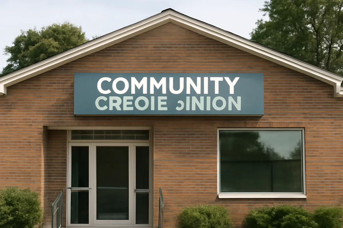 Exterior of a community credit union branch building with a Ukrainian Canadian neighbourhood storefront