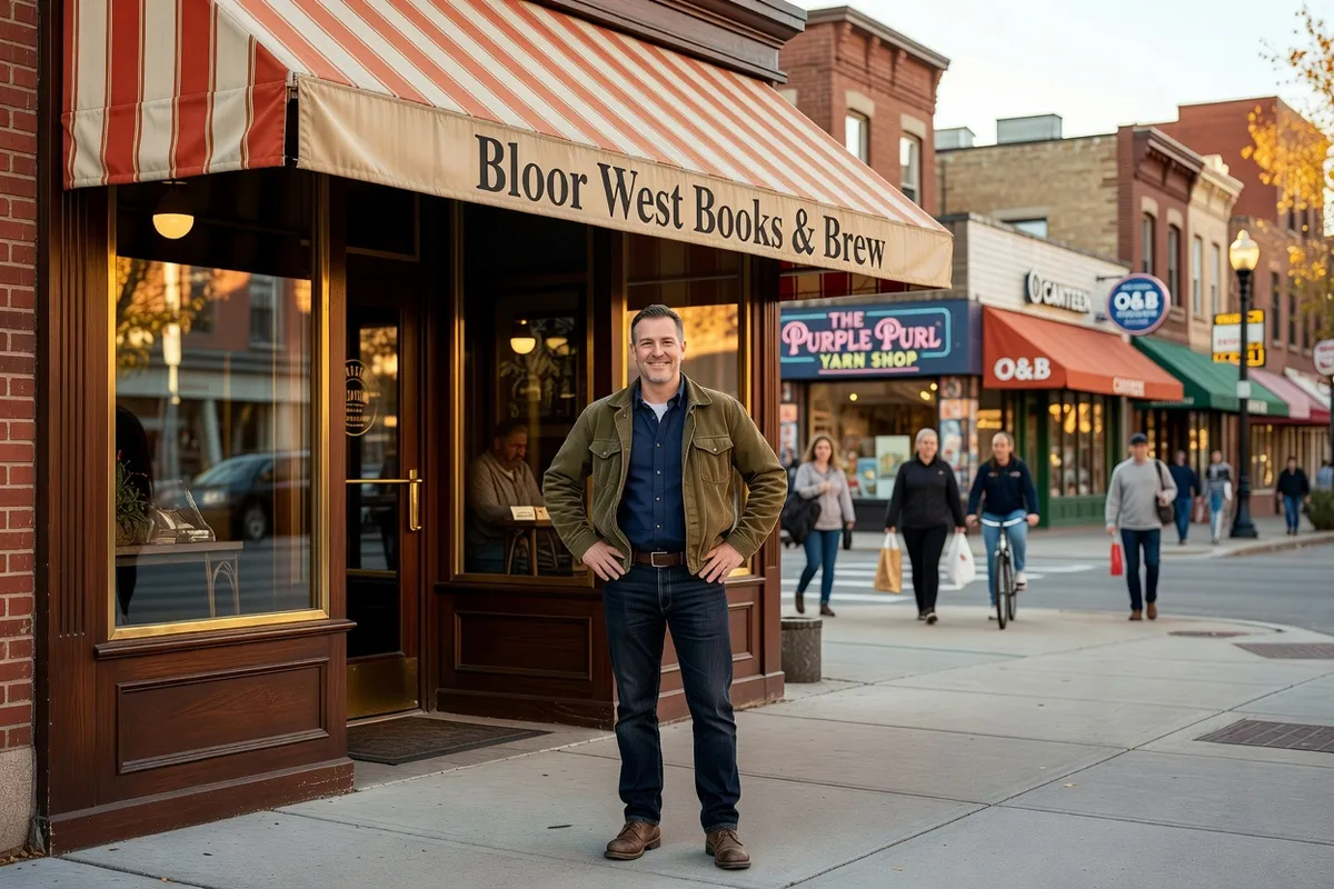 Ukrainian Canadian small business owner standing in front of a storefront in Bloor West Village Toronto