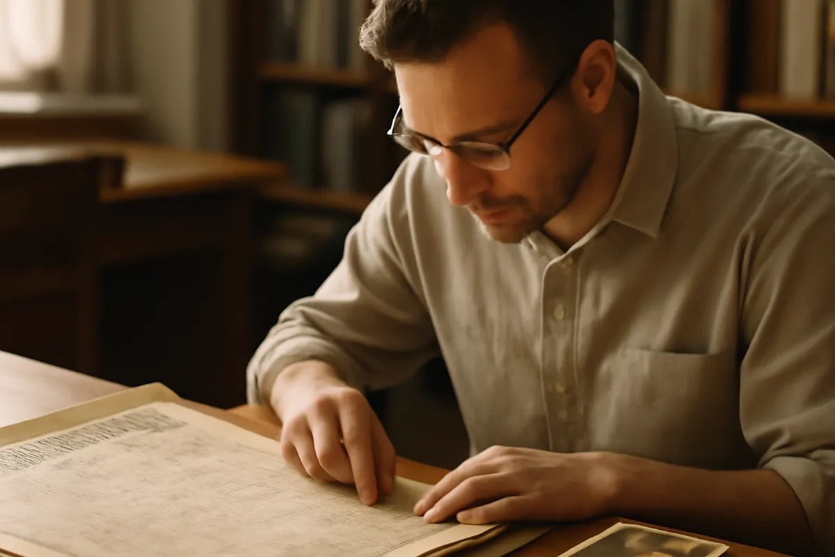 Researcher examining old immigration ship manifests and family photographs at an archive table