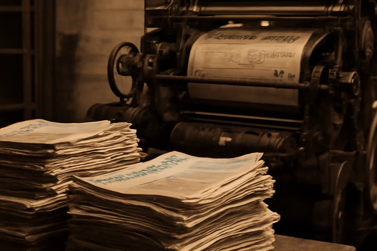 Vintage Ukrainian-language newspaper printing press archive with stacked newspapers