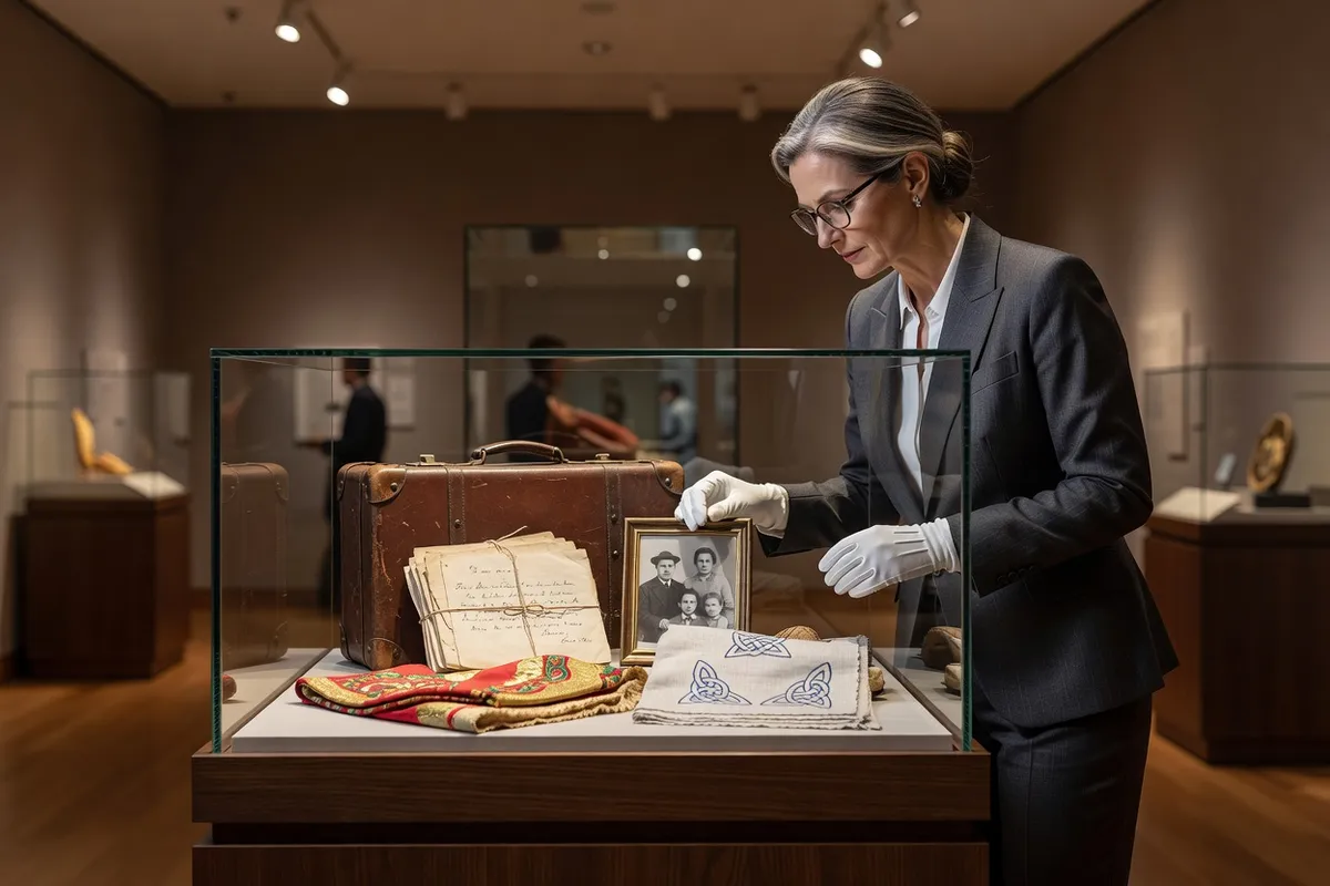 Museum curator examining a display case of Ukrainian embroidered textiles and immigrant artifacts