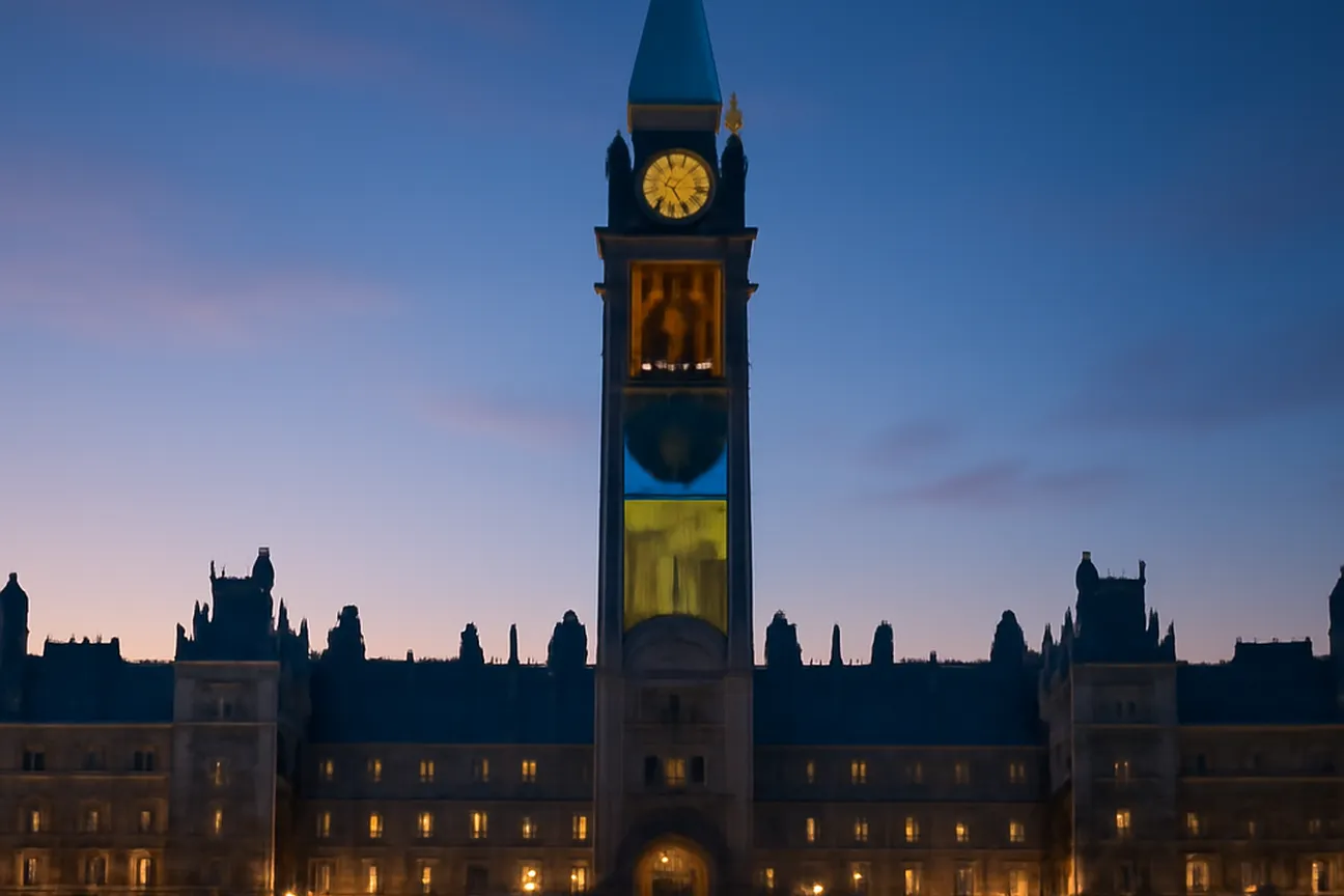 Parliament Hill Ottawa with Ukrainian-Canadian political history overlay