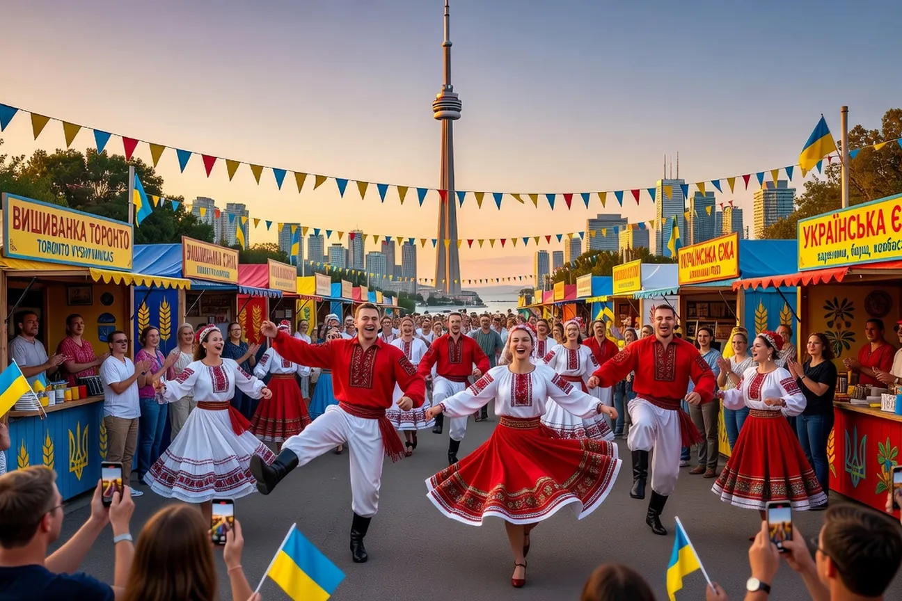 Vibrant Ukrainian festival in Toronto with hopak dancers and CN Tower in background