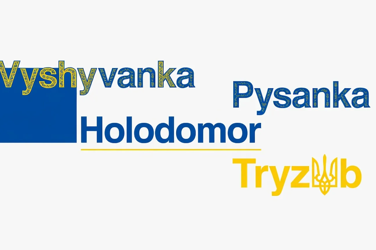Typographic design featuring Ukrainian diaspora key terms — Vyshyvanka, Holodomor, Pysanka, Tryzub