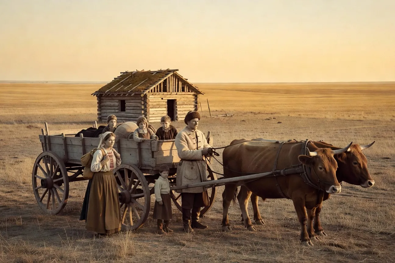 Ukrainian pioneer settlers arriving at Canadian prairie homestead circa 1905