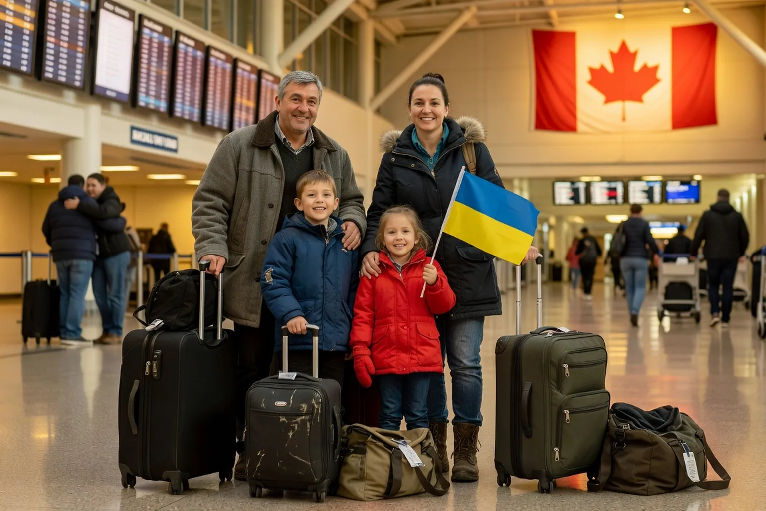 Ukrainian family arriving at Toronto Pearson airport