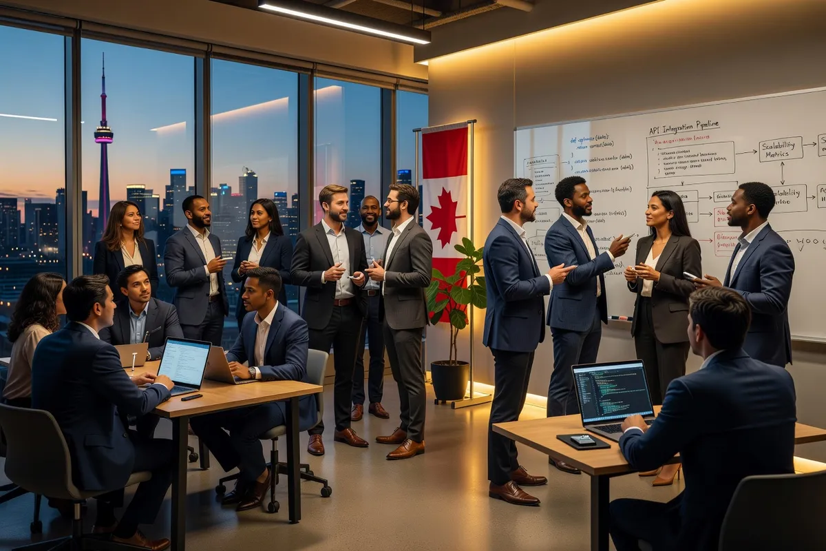 Ukrainian Canadian tech professionals networking at an evening meetup event in a Toronto office space