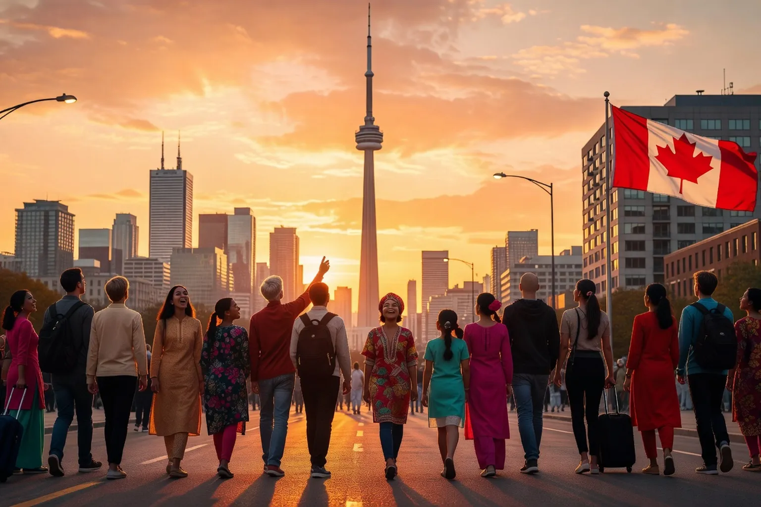 Diverse new Canadian permanent residents at a citizenship ceremony in Toronto with maple leaf flags