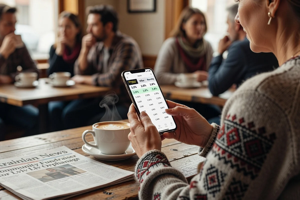 Woman in a coffee shop comparing international money transfer options on her smartphone.
