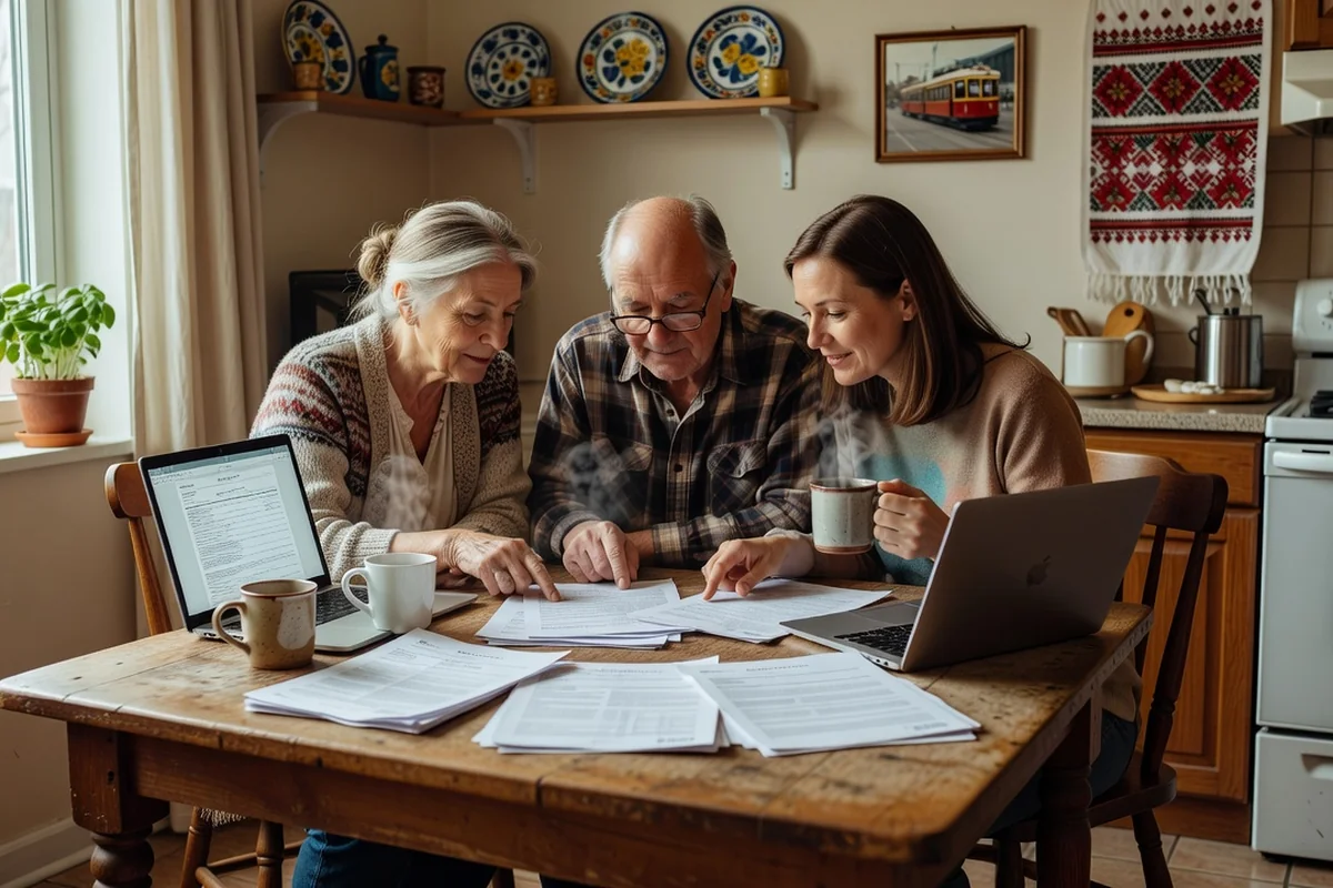 Ukrainian-Canadian family reviewing Canada Pension Plan and Old Age Security documents together at a kitchen table.